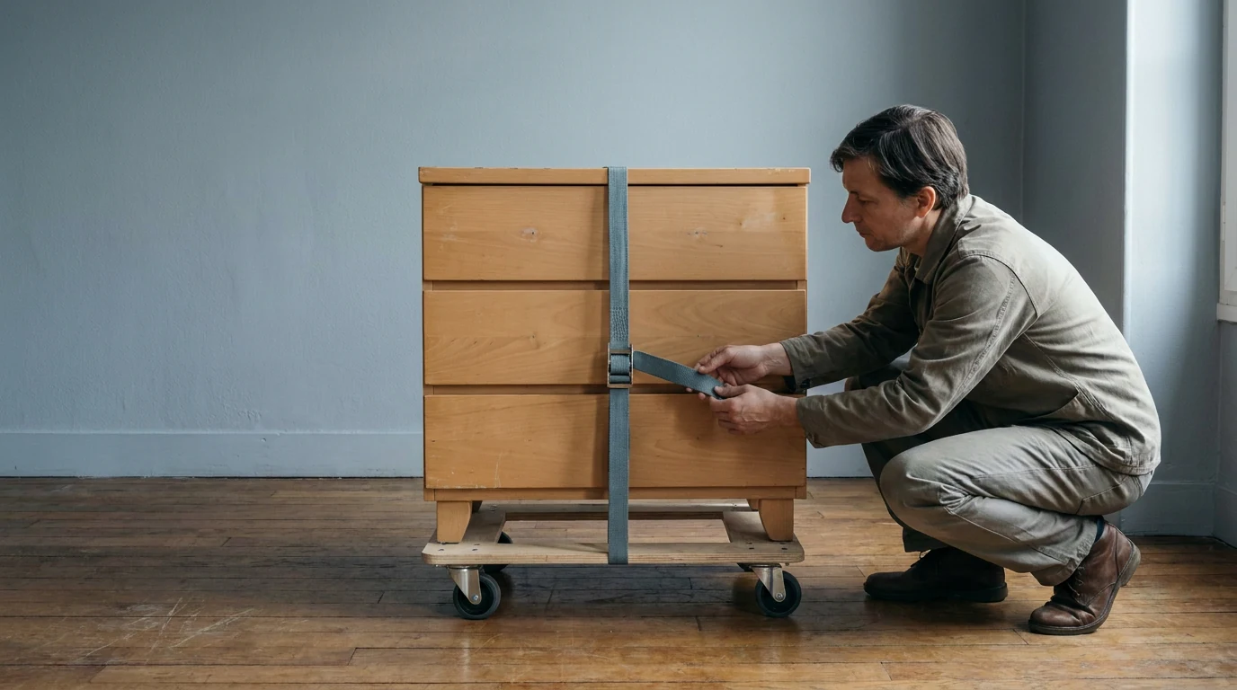 Illustration : une commode entière fixée sur un plateau roulant