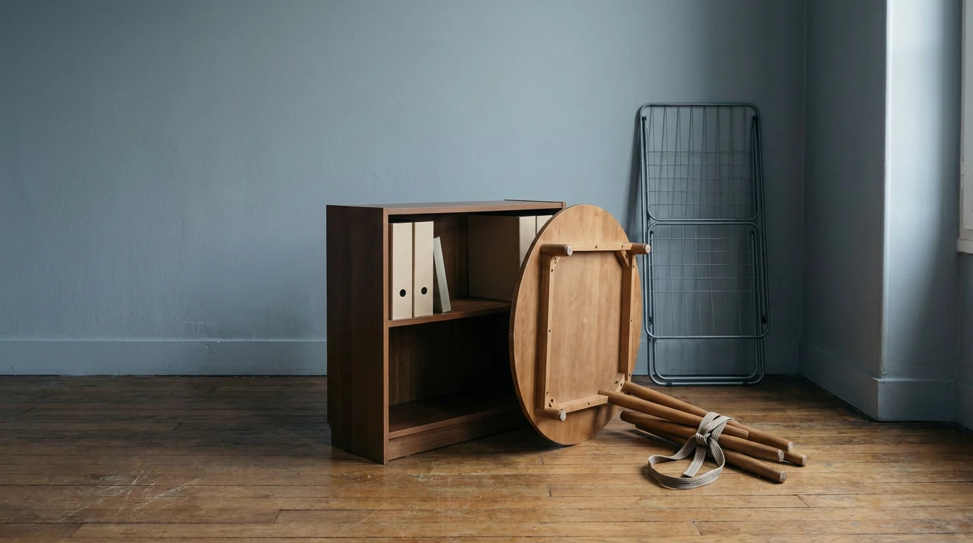 Illustration : mobilier démonté et objets rassemblés dans un logement