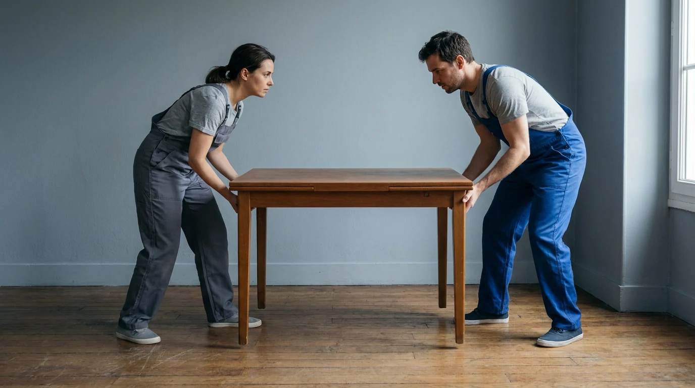 Illustration : deux personnes déplacent une table entière