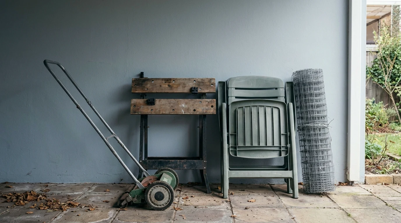 Illustration : outils et mobilier de jardin regroupés sous un auvent fictif