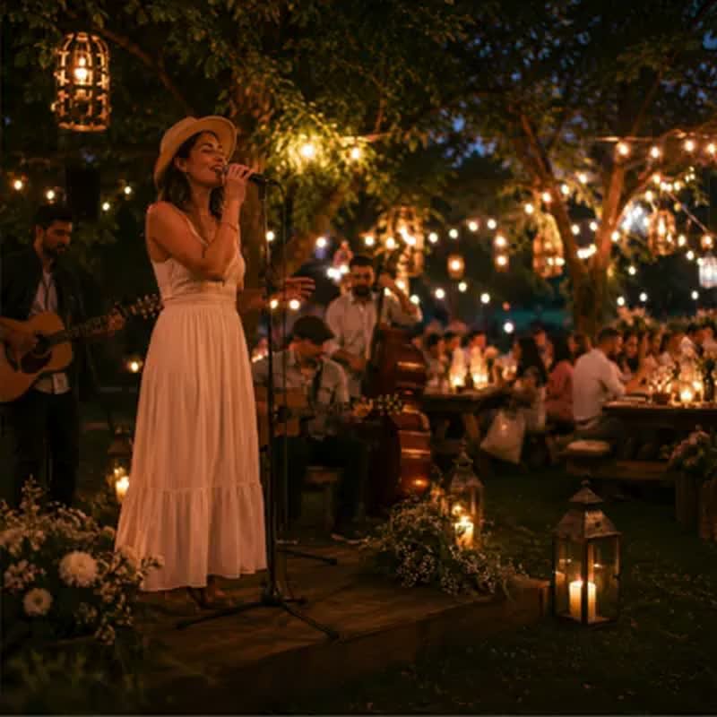 Chanteuse et guitariste en prestation live sous les guirlandes