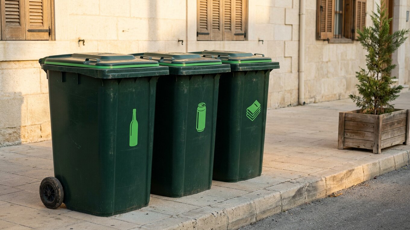 Three green sorting bins aligned at a clean neighbourhood collection point on a Lebanese street