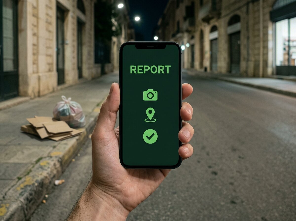 One citizen hand holding a phone with a REPORT interface beside a documented curbside issue