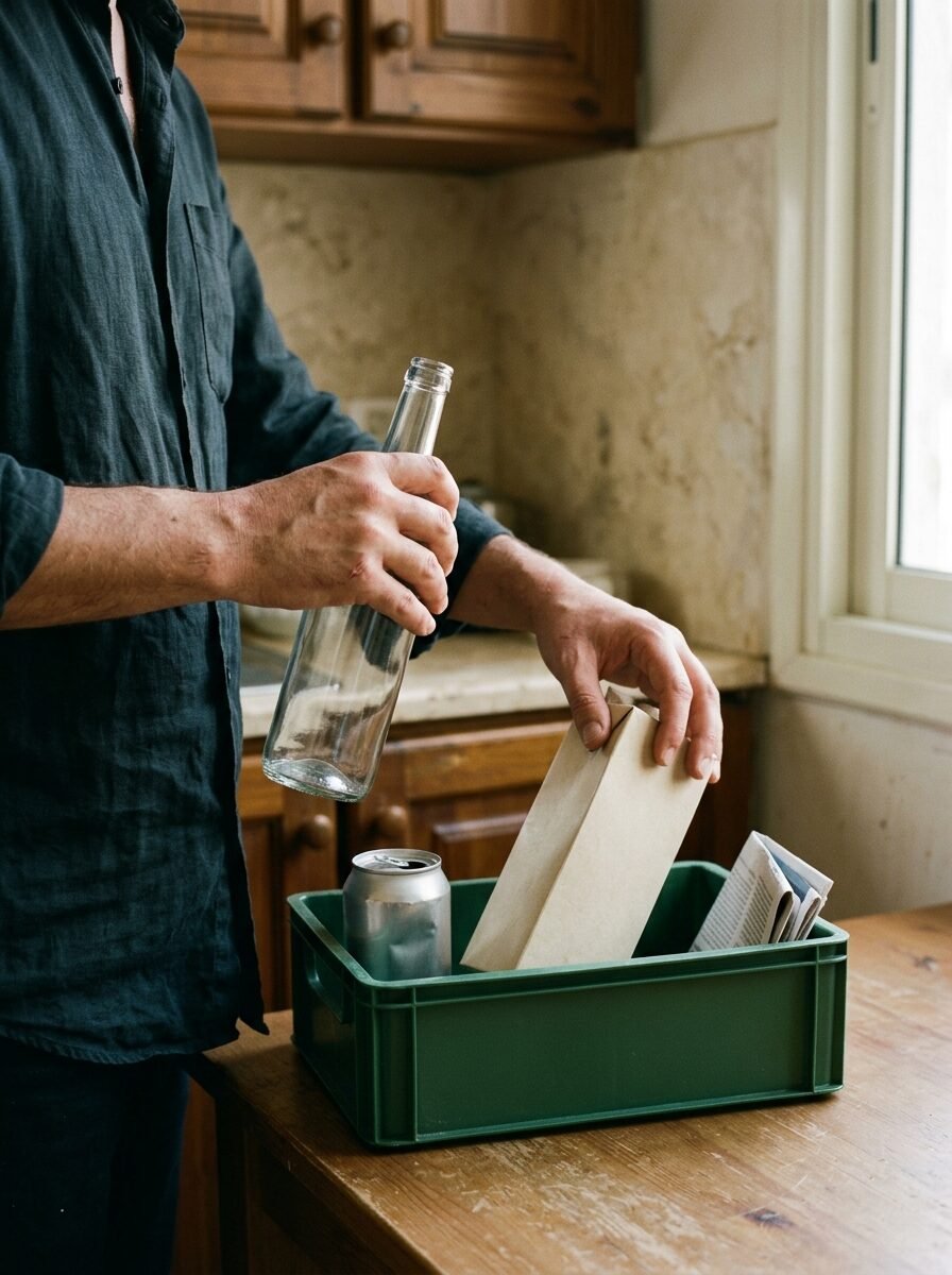 Resident sorting a glass bottle, paper carton, metal can and newspaper into a reusable crate