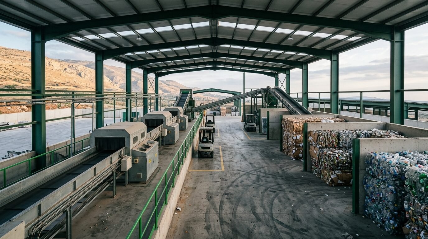 Concept view of a modern sorting and material recovery facility in a Lebanese mountain setting