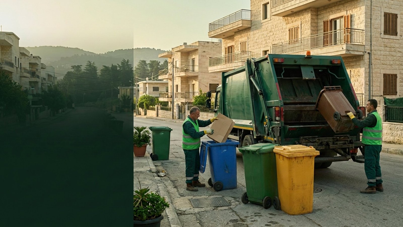 Two municipal collection agents sorting cardboard and a brown organic bin beside blue, green and yellow recycling bins on a Lebanese street