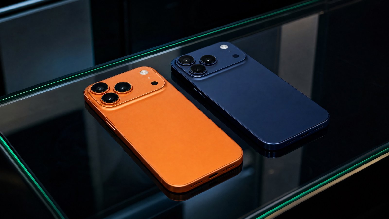 Deux iPhone Pro Max orange et bleu sur étagère en verre
