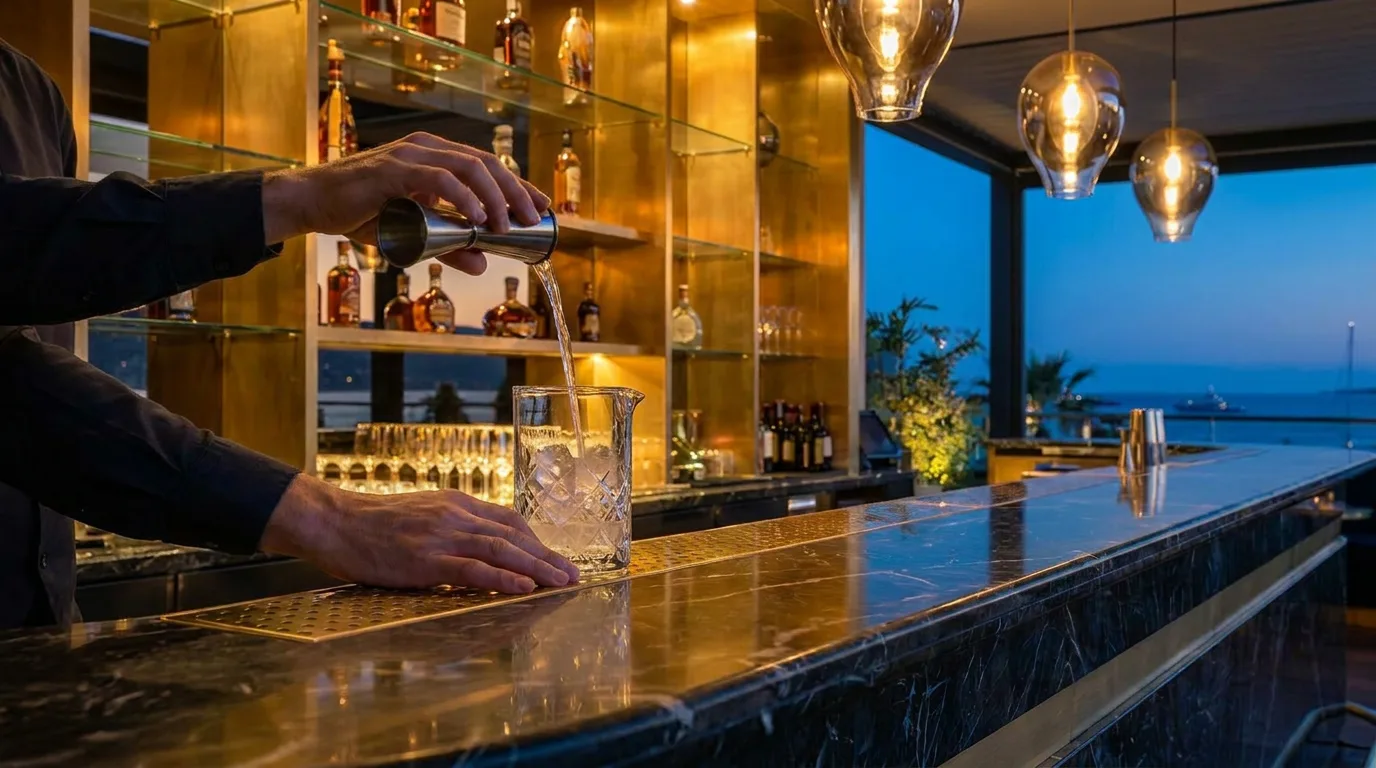 Barman versant au jigger, fictif