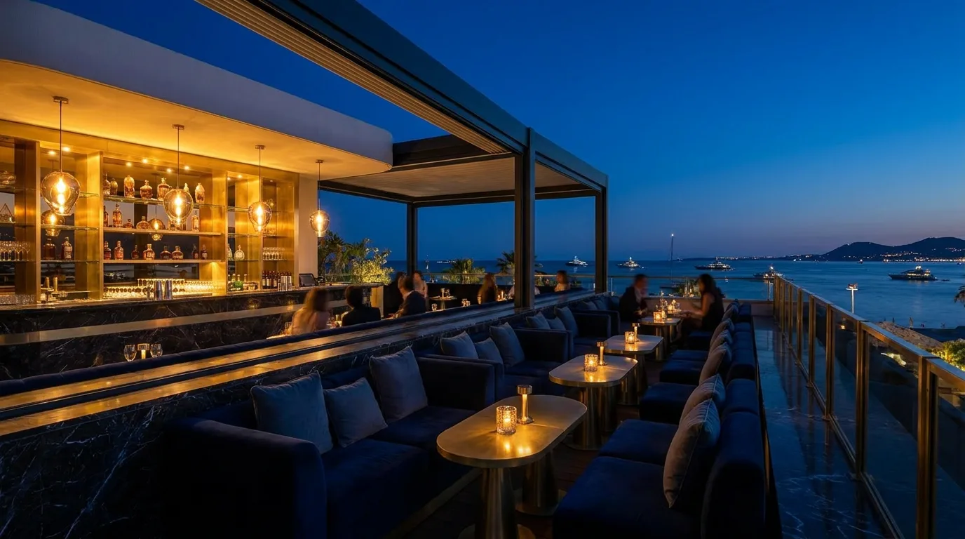 Terrasse fictive face à la baie de Cannes la nuit
