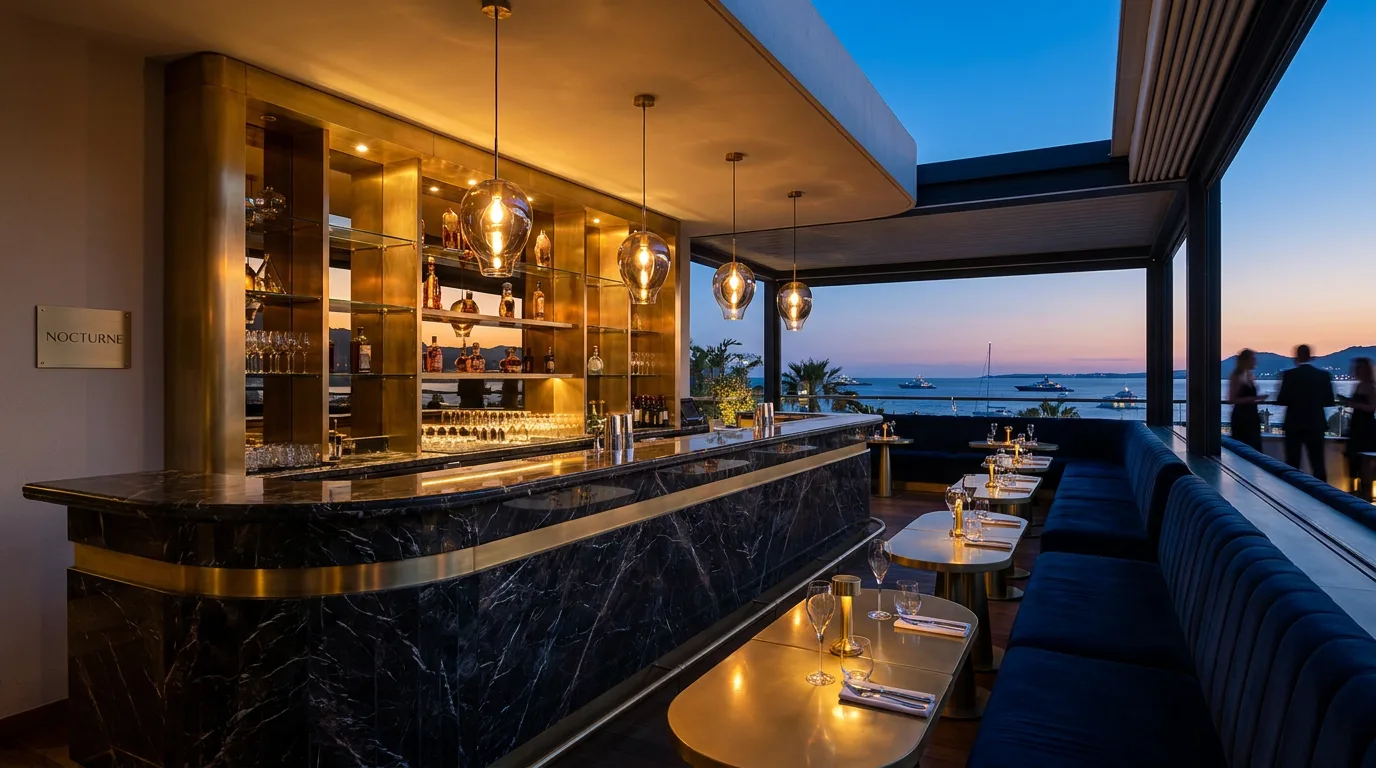 Intérieur fictif NOCTURNE, baie de nuit et lumière laiton