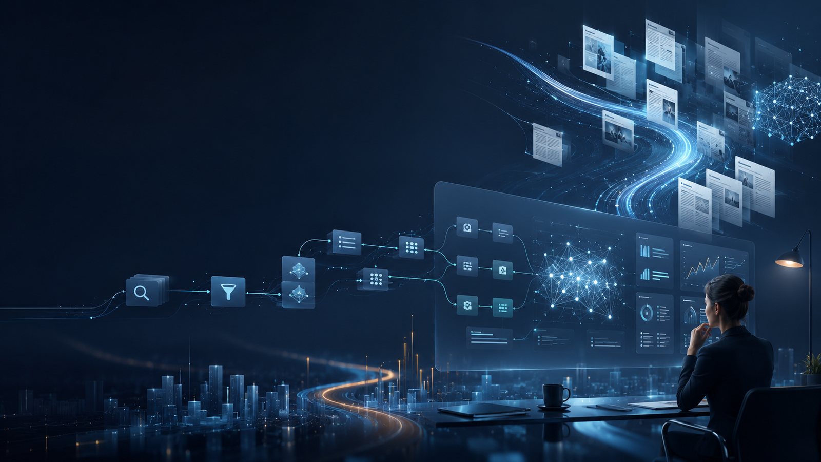 Interface visuelle sur les actualités IA, workflows LLM et usages professionnels.