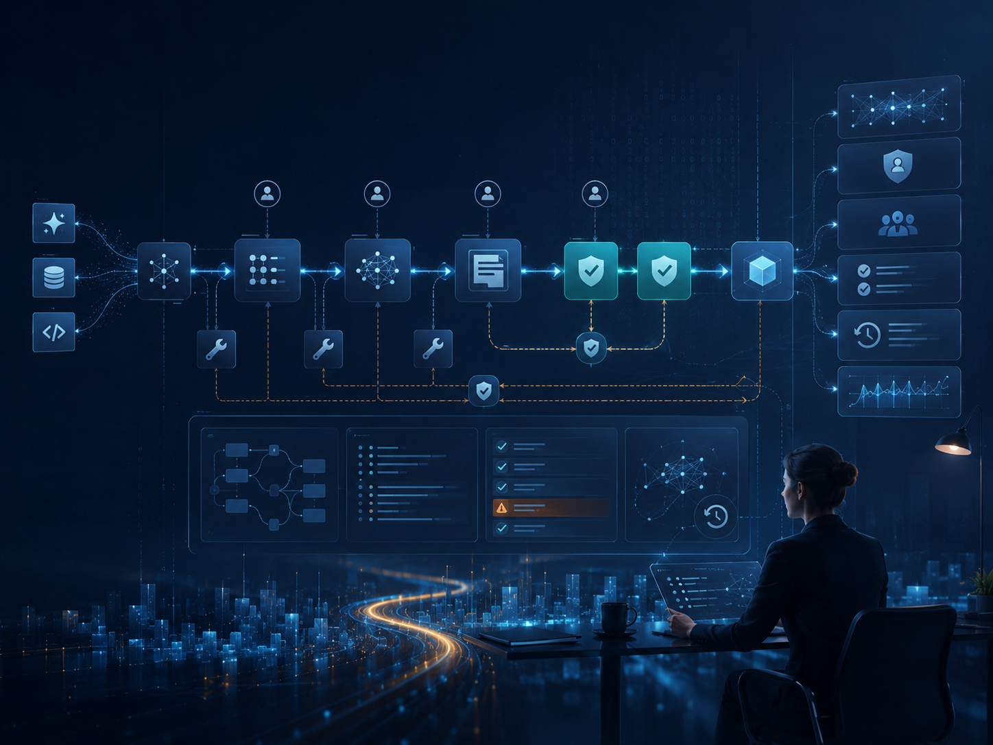 Workflow IA connecté à des outils métier avec validations et permissions.